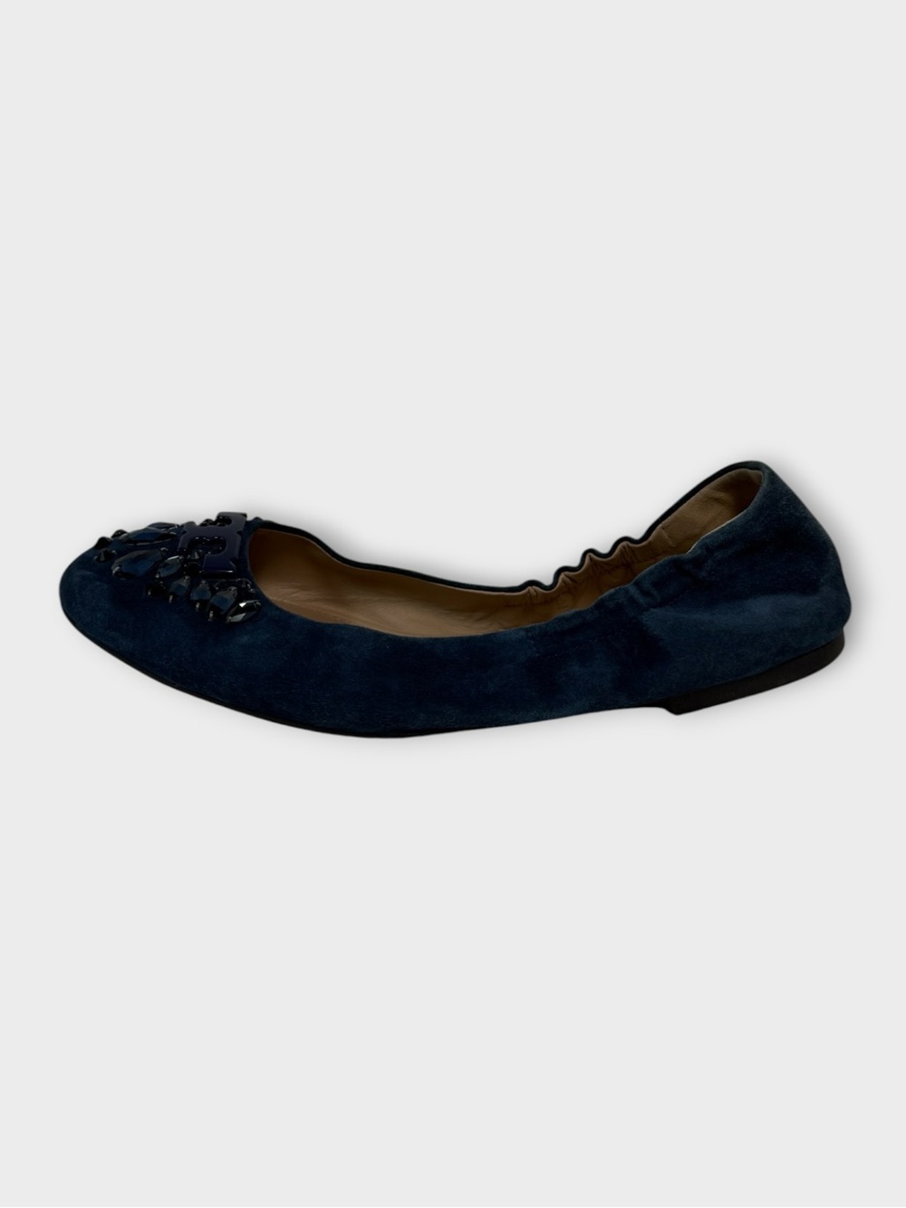 Tory Burch Navy Suede Crystal-Embellished Ballet Flats